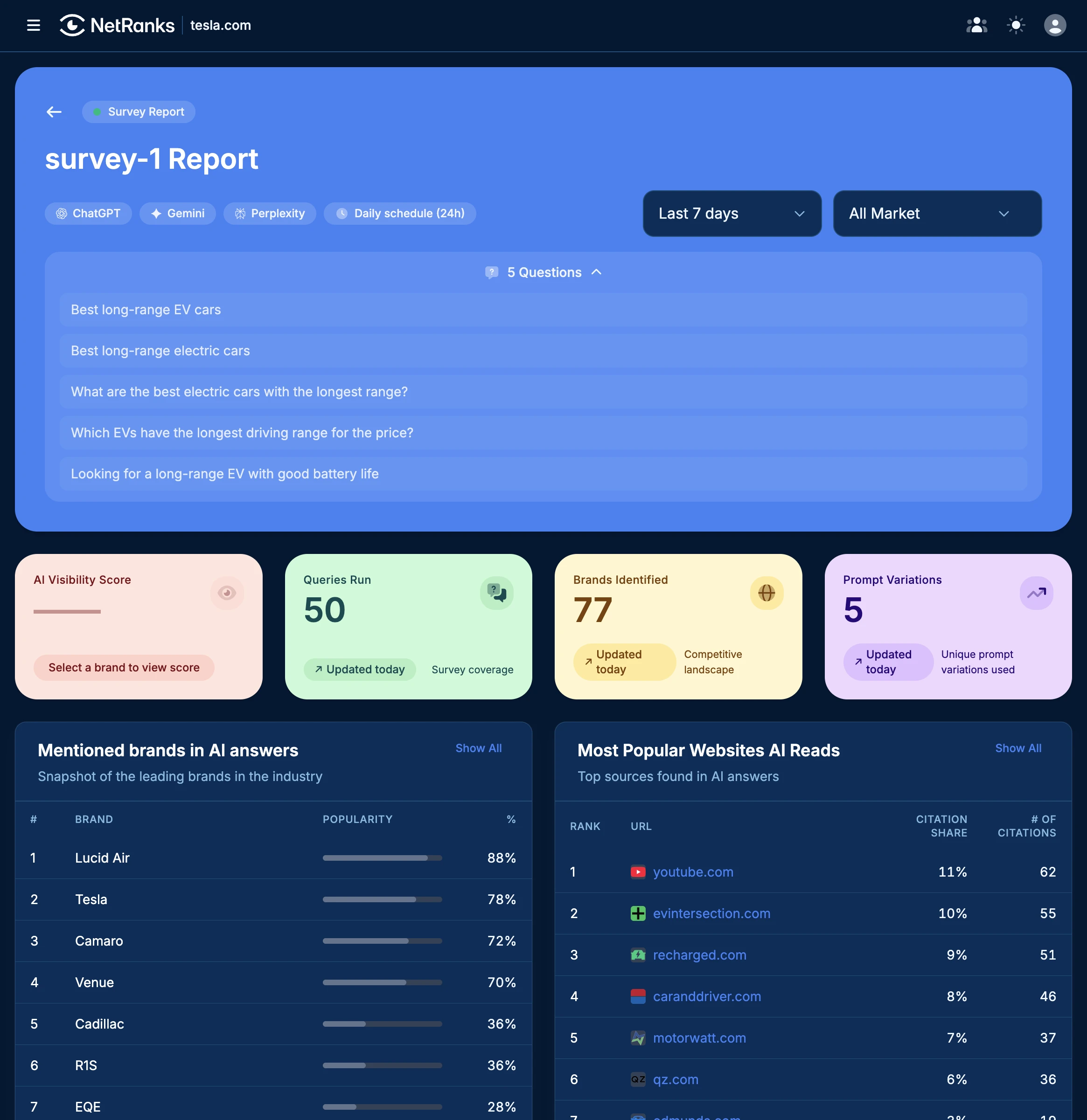 NetRanks AI Visibility dashboard showing survey report with brand mention metrics