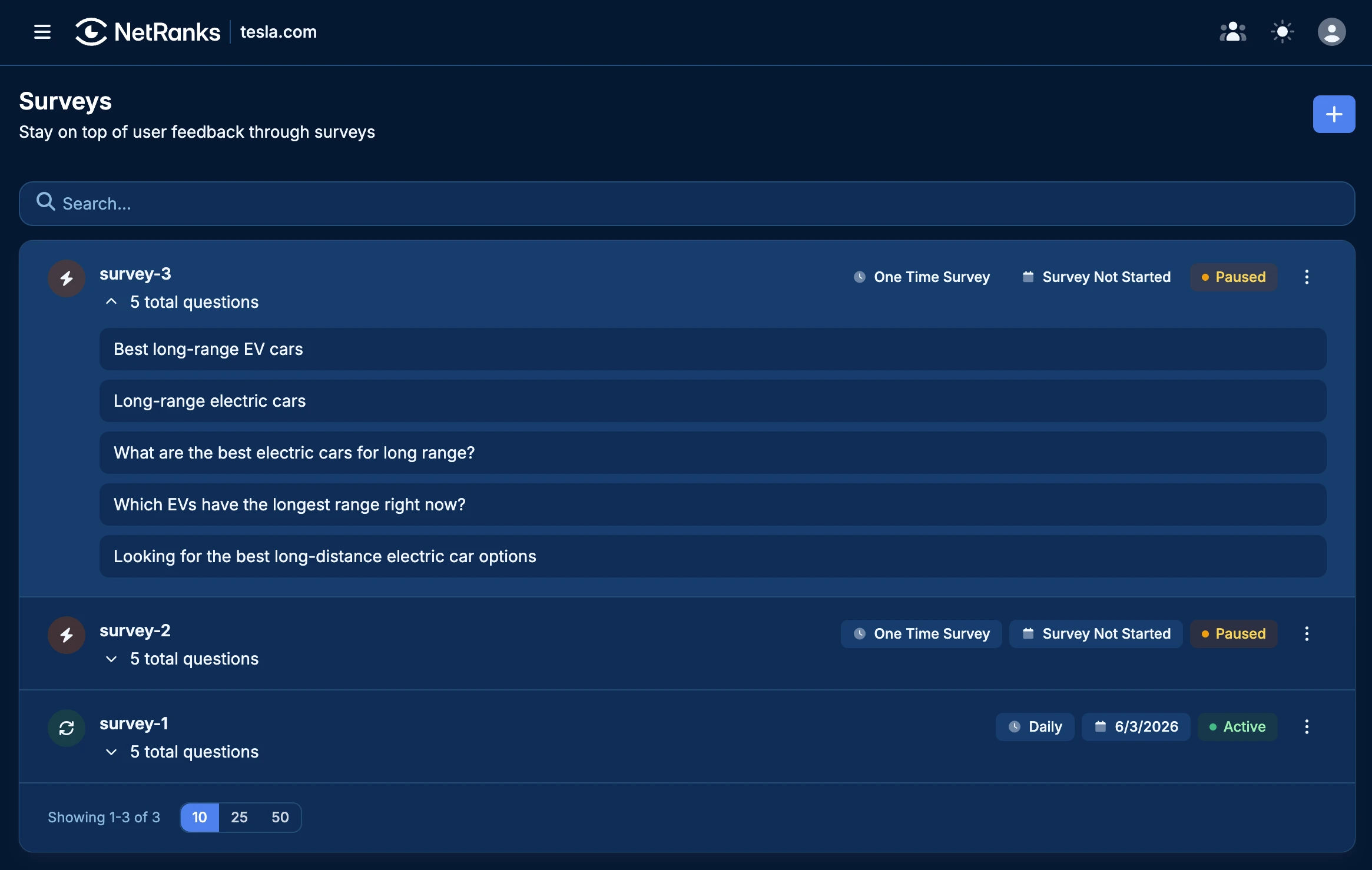NetRanks Surveys interface showing active AI visibility surveys across ChatGPT, Gemini, and Perplexity