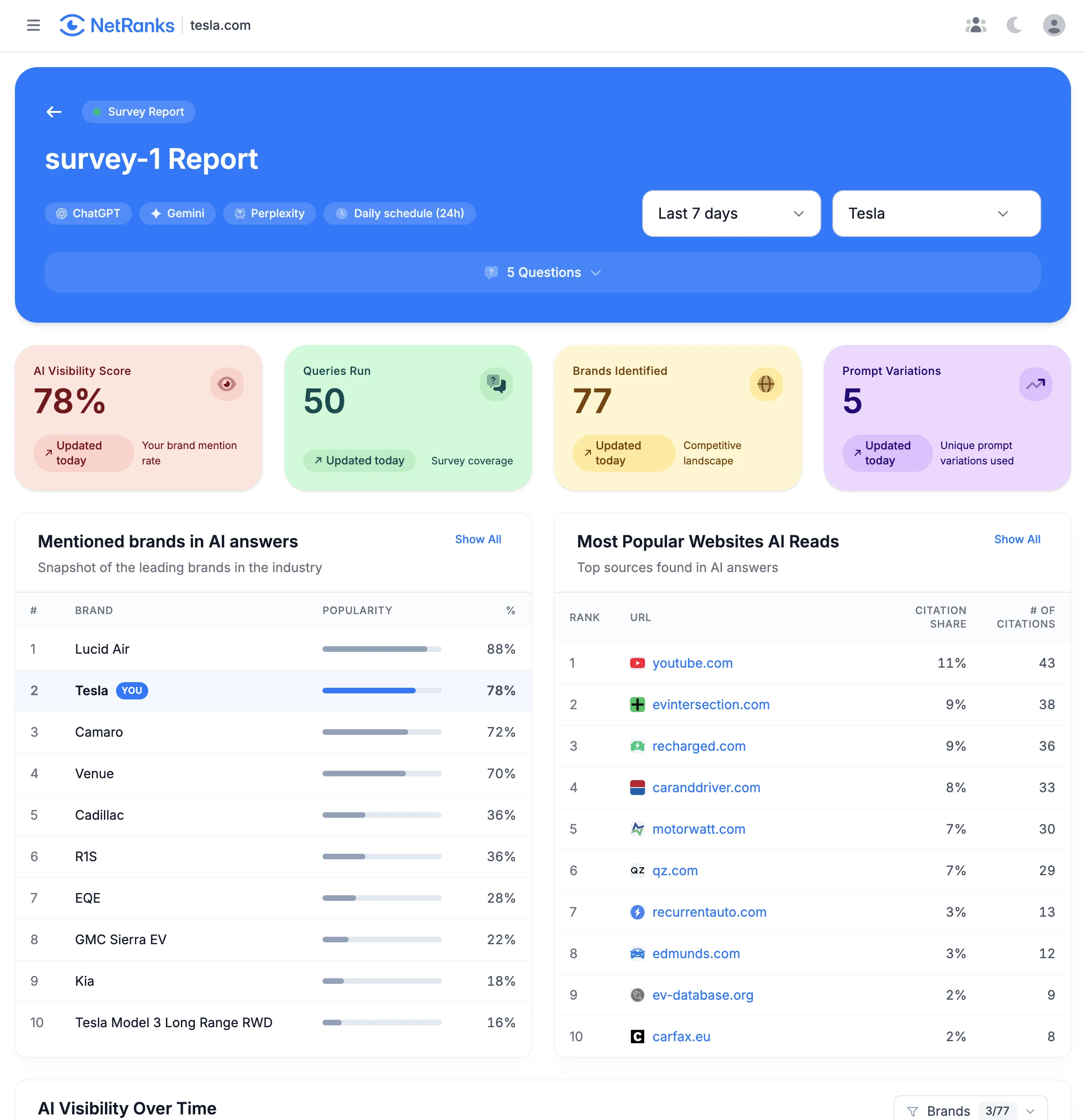 NetRanks survey report showing AI Visibility Score, brand rankings, most popular websites AI reads, and mention metrics